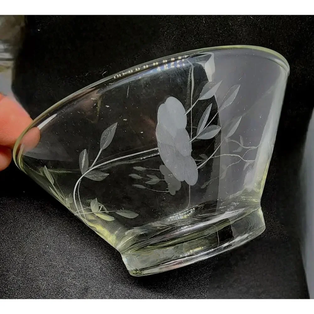 Vtg Princess House Crystal Etched Condiment Bowl plate Scalloped Spoon New w Box